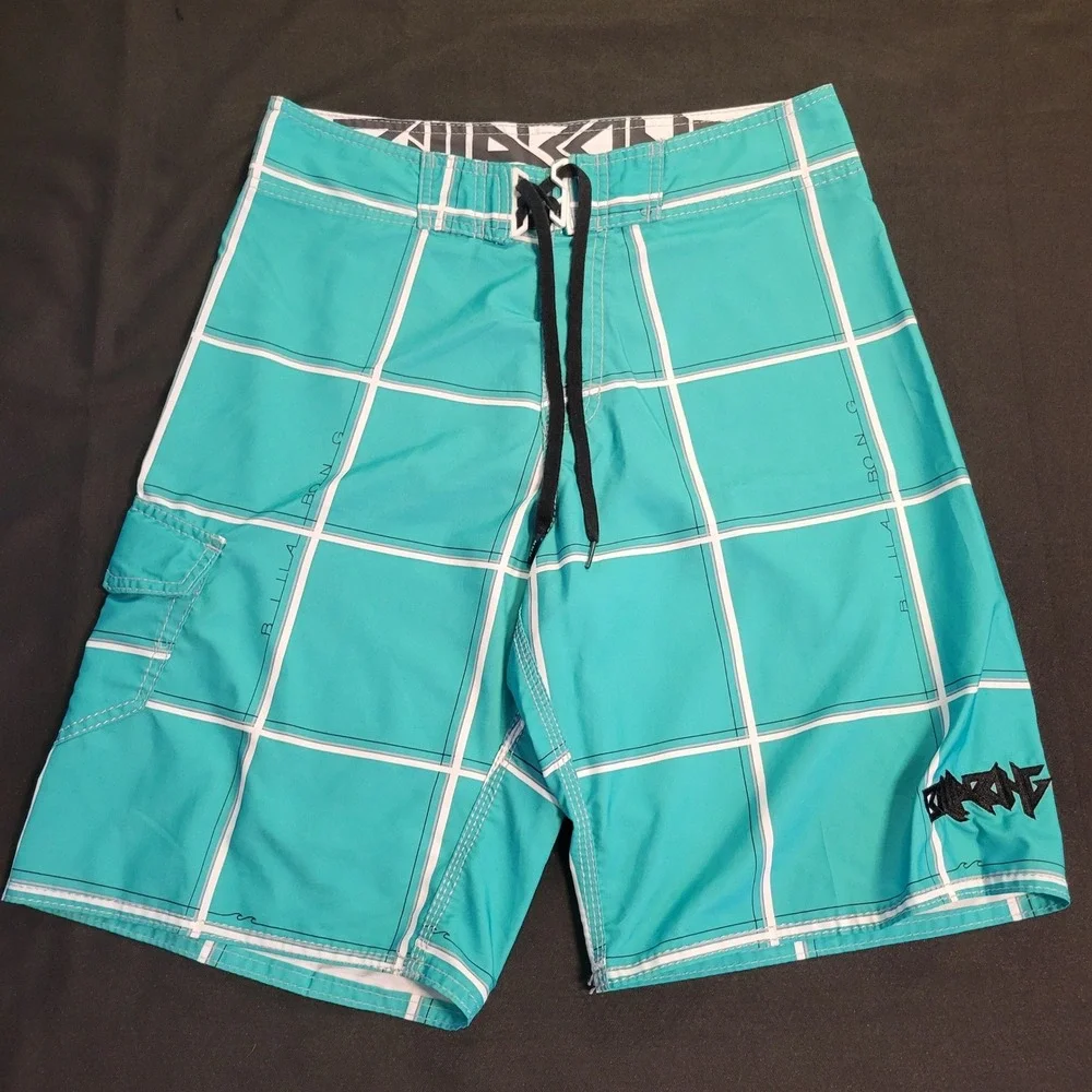 Billabong Mens Board Shorts Teal Turquoise Grid Plaid Swim Trunks Size 32
